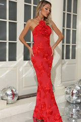 Halter Floral Foil Print Maxi Dress XS / Red