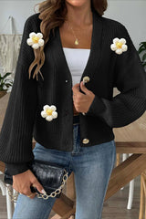 Short Floral Knit Long Sleeve Cardigan Black / S