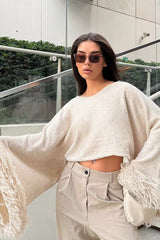Cropped Fringe Oversized Long Sleeve Sweater