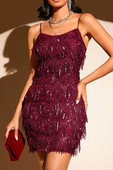 Sequin Fringe Trim Spaghetti Strap Party Dress