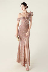 Draped One Shoulder Ruffle Formal Dress S / Gold