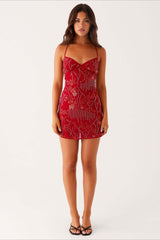 Colorful Beaded Back Tie Cocktail Dress