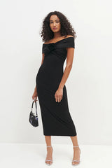 Solid Color Off-the-shoulder Knit Cocktail Dress XS / Black