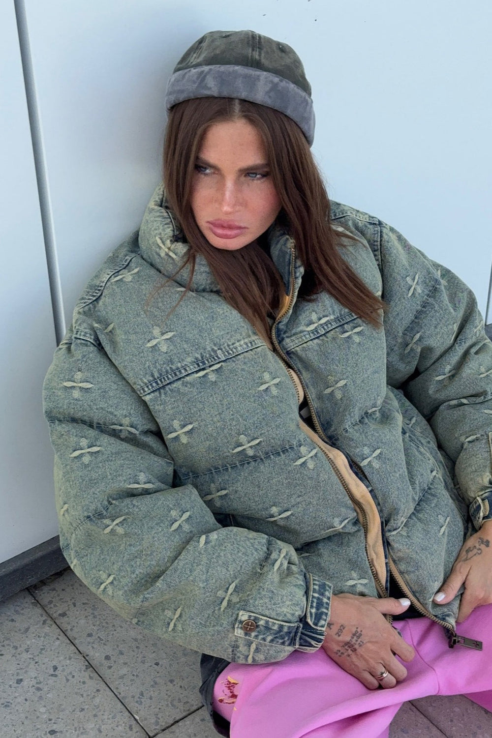 Vintage Washed Cross Embroidery Puffer Jacket