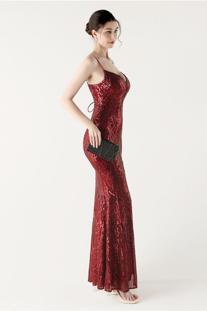 Sequin V Neck Cross Strap Mermaid Maxi Dress