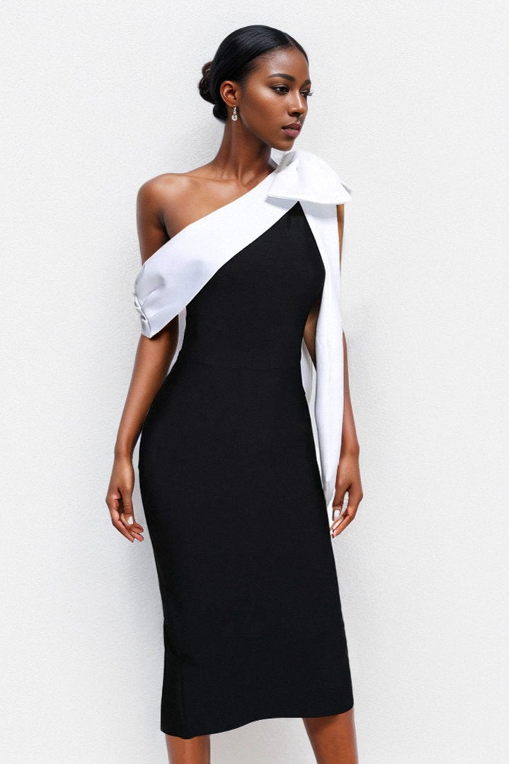 Bandage One-shoulder Color Block Bow Cocktail Dress