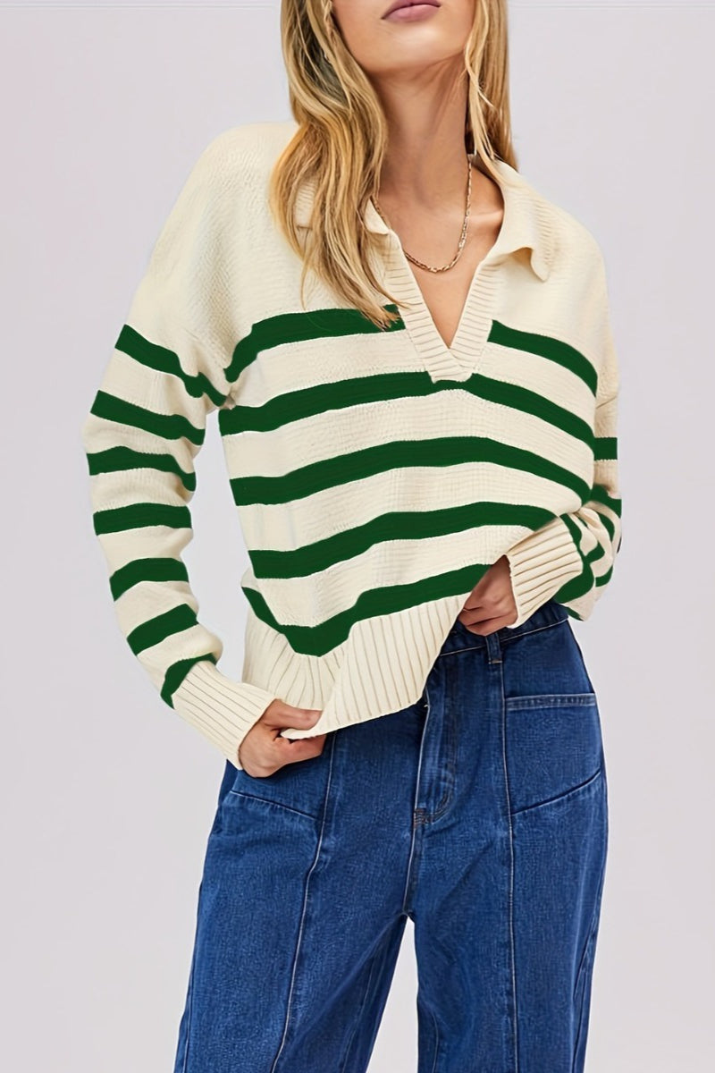Striped Wool Collar V Neck Sweater