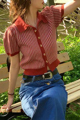 Thin Knit Turn down Collar Short Sleeve Cardigan Red / S