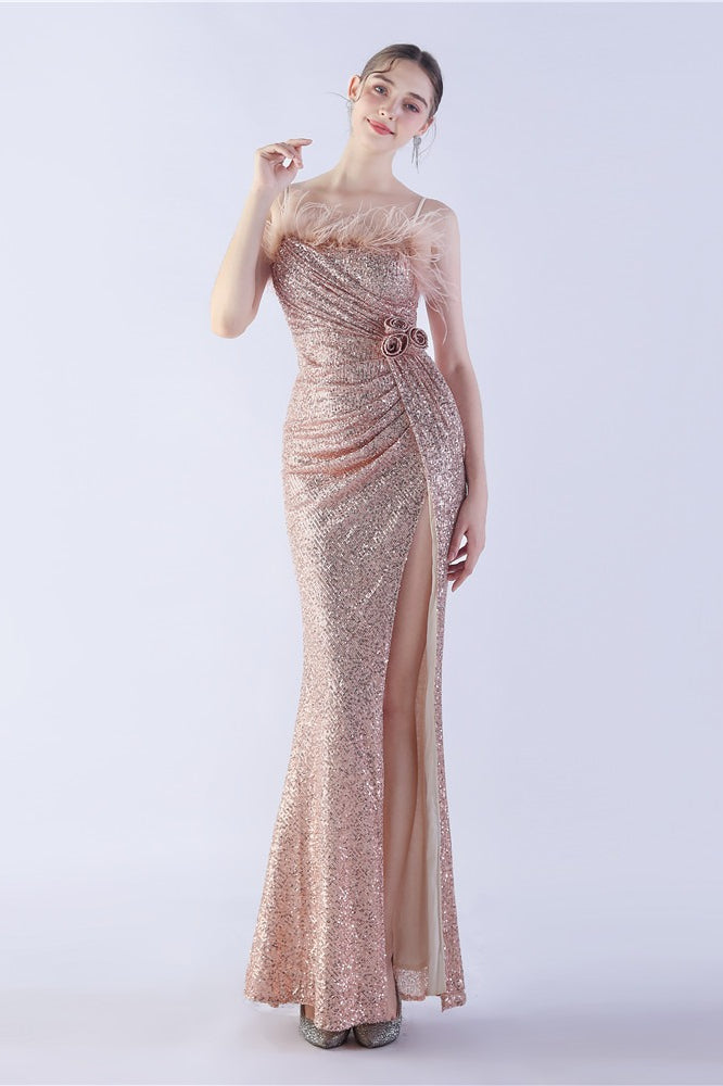 Ostrich Feather Embellished Maxi Dress