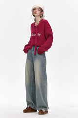 Red Embroidered Raw Edge Wool Blend Sweater