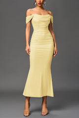 Boned Mesh Ruched Backless Formal Dress XS / Yellow