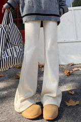 Solid White Plush Flared Knit Pants