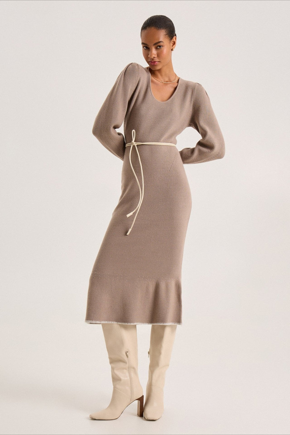 Contrast Trim Ruffle Sweater Dress