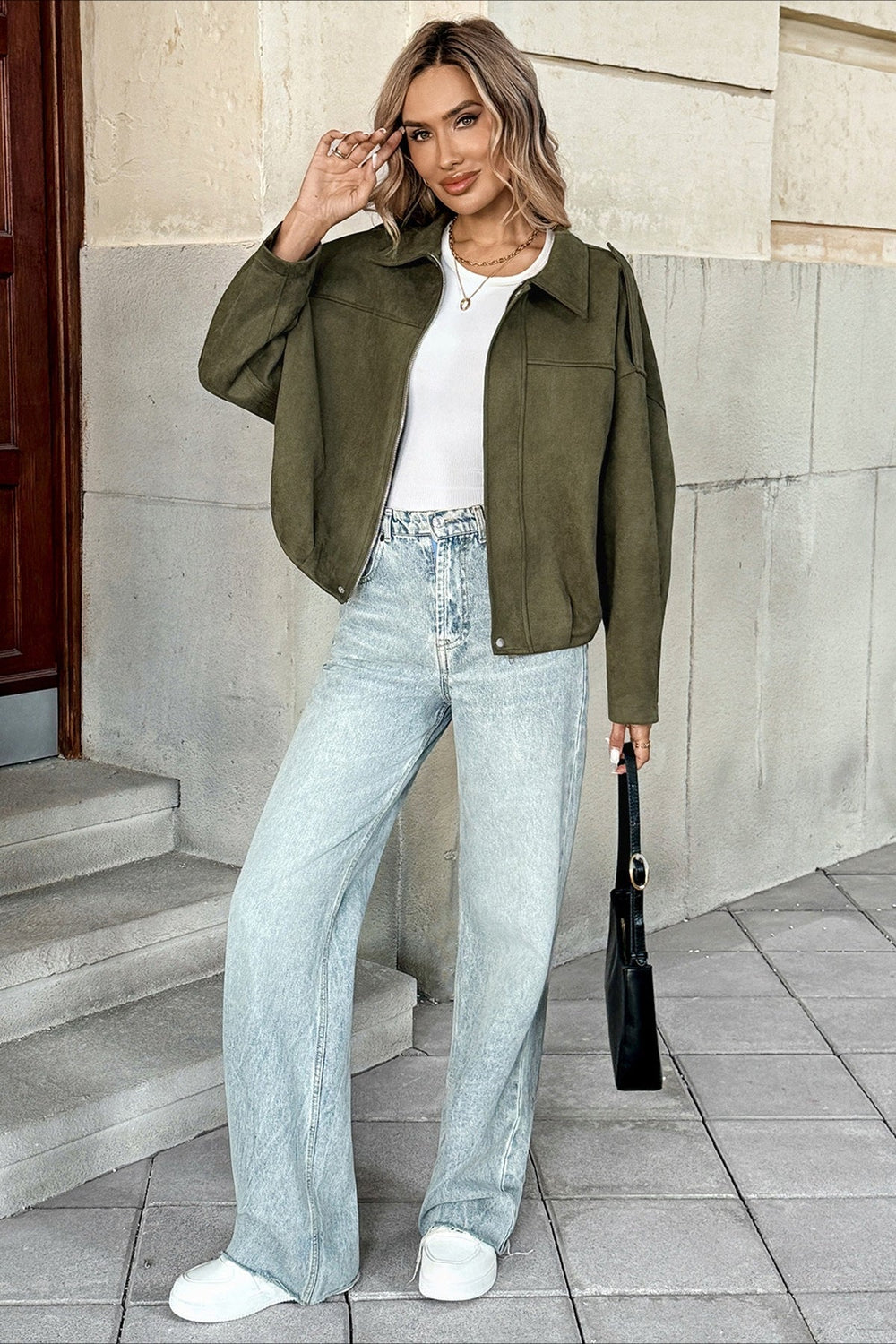 Lapel Collar Suede-Look Bomber Jacket