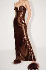 Brown Sequin Spaghetti Strap Party Dress XS / Brown
