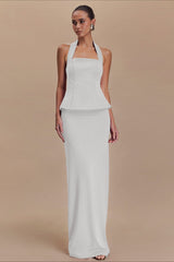 Solid Halter Backless Maxi Formal Dress S / White