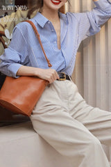 Elegant Blue Stripe Long Sleeve Blouse