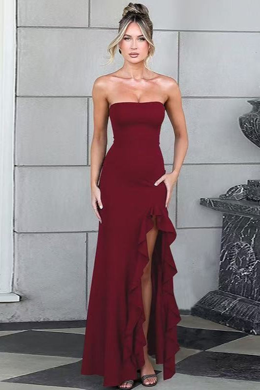 Ruffled Bustier Side Slit Formal Dress