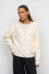 Solid V Neck Button Down Cardigan S / White
