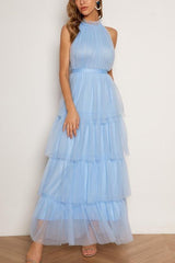 Blue Tiered Ruffle Mesh Party Dress