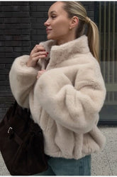 Stand Collar Faux Fur Cropped Jacket
