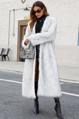 Plush Faux Fur V-Neck Long Overcoat