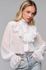 Lace Trim Stand Collar Chiffon Blouse