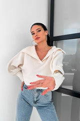 Lantern Sleeve Open Collar Knit Sweater