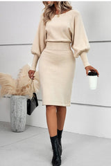 Crew Neck Lantern Sleeve Sweater Dress