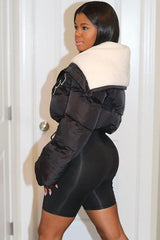 Polar Fleece Patchwork Faux Fur Collar Puffer Jacket