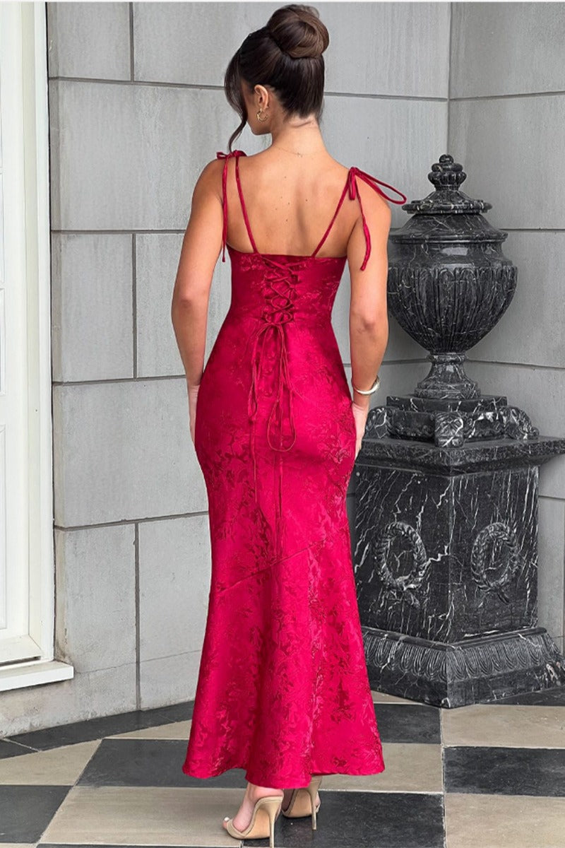 Solid Sash Backless Mermaid Formal Dress S / Red