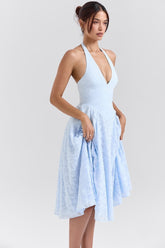 Romantic Blue Halter Jacquard Party Dress S / Blue