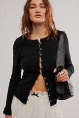 Solid Color Ribbed Cardigan S / Black
