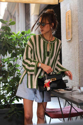 Green White Striped Tie Front Sweater Green / S