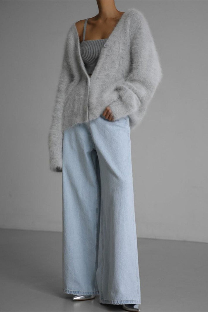 V Neck Fluffy Knit Cardigan Sweater