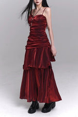 Asymmetrical Burgundy Ruffled Cami Party Dress