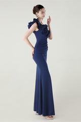 Ruffled Floral One Shoulder Satin Party Dress Navy blue / S