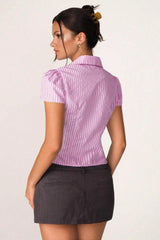 V Neck Striped Ruched Blouse