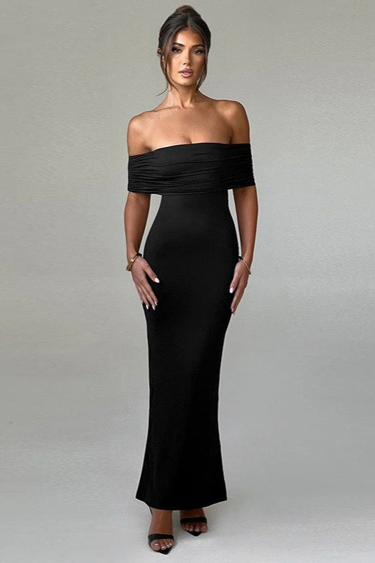 Solid Off Shoulder Ruched Formal Dress