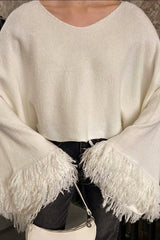 Cropped Fringe Oversized Long Sleeve Sweater