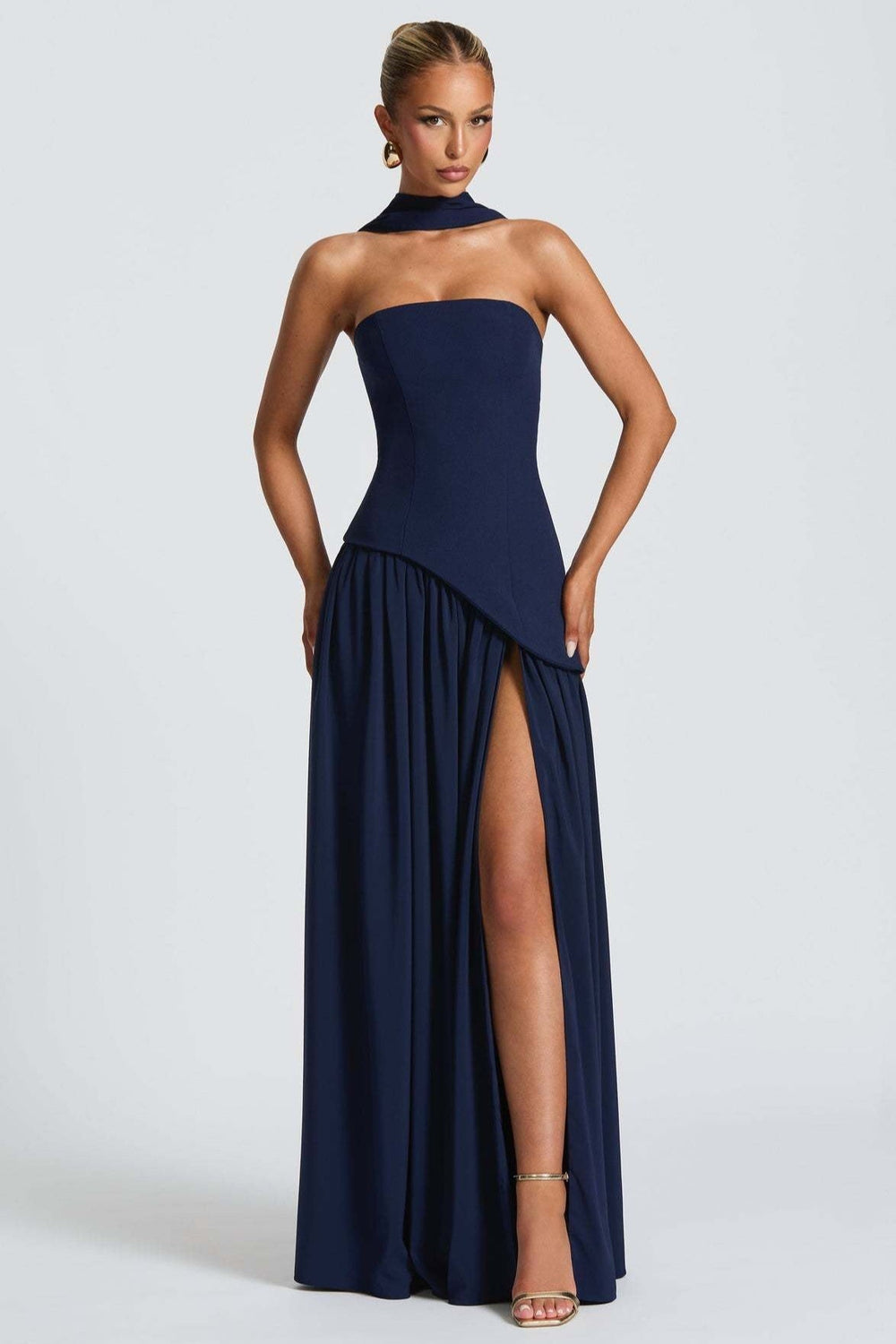 Solid Bustier High Slit Formal Dress