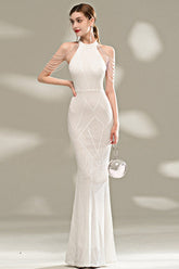 Elegant Slim Fit Long Gown Formal Dress S / White