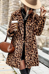 Leopard Print Notch Lapel Plush Overcoat