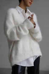 V Neck Fluffy Knit Cardigan Sweater White / One Size