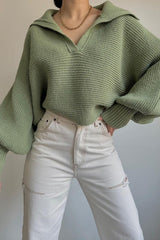 Lantern Sleeve Open Collar Knit Sweater Green / S