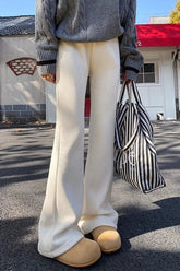 Solid White Plush Flared Knit Pants