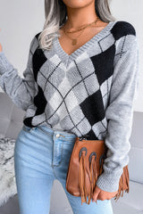 Argyle V Neck Knit Pullover Sweater S / Grey