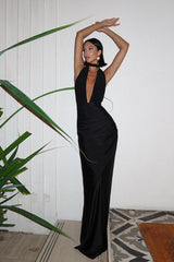 V-Neck Halter Backless Split Maxi Party Dress