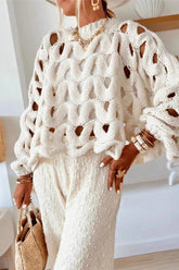 Crochet Knit Hollow Out Pullover Sweater S / White