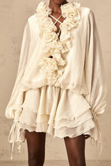 Loose Fit Folded Ruffle Boho Dress Ivory / XS